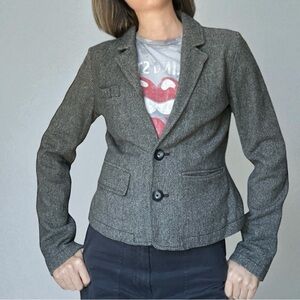 American Eagle Vintage Charcoal Blazer Herringbone Wool Blend Cropped Fitted Sm